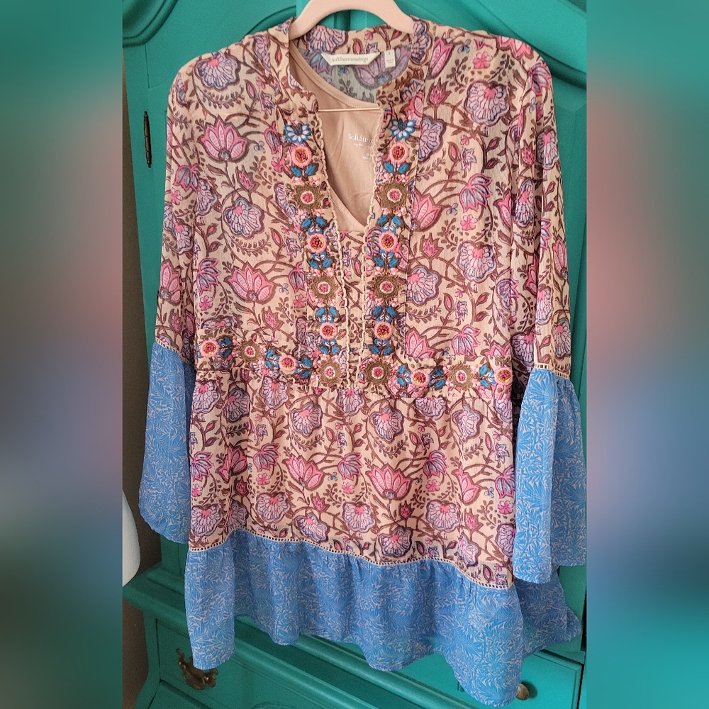 Soft Surroundings Pink and Blue Floral Blouse
